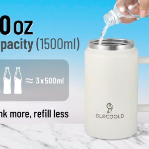 DLOCCOLD 50 oz Mug Tumbler with Handle and Straw Lid, Stainless Steel Insulated Large Travel Jug with Handle, Double Wall Reusable Water Bottle, White