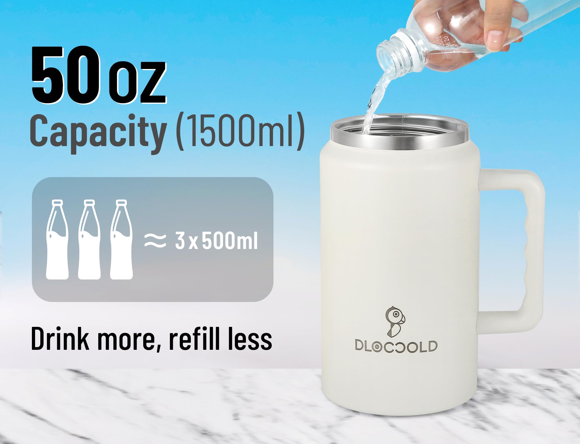 DLOCCOLD 50 oz Mug Tumbler with Handle and Straw Lid, Stainless Steel Insulated Large Travel Jug with Handle, Double Wall Reusable Water Bottle, White