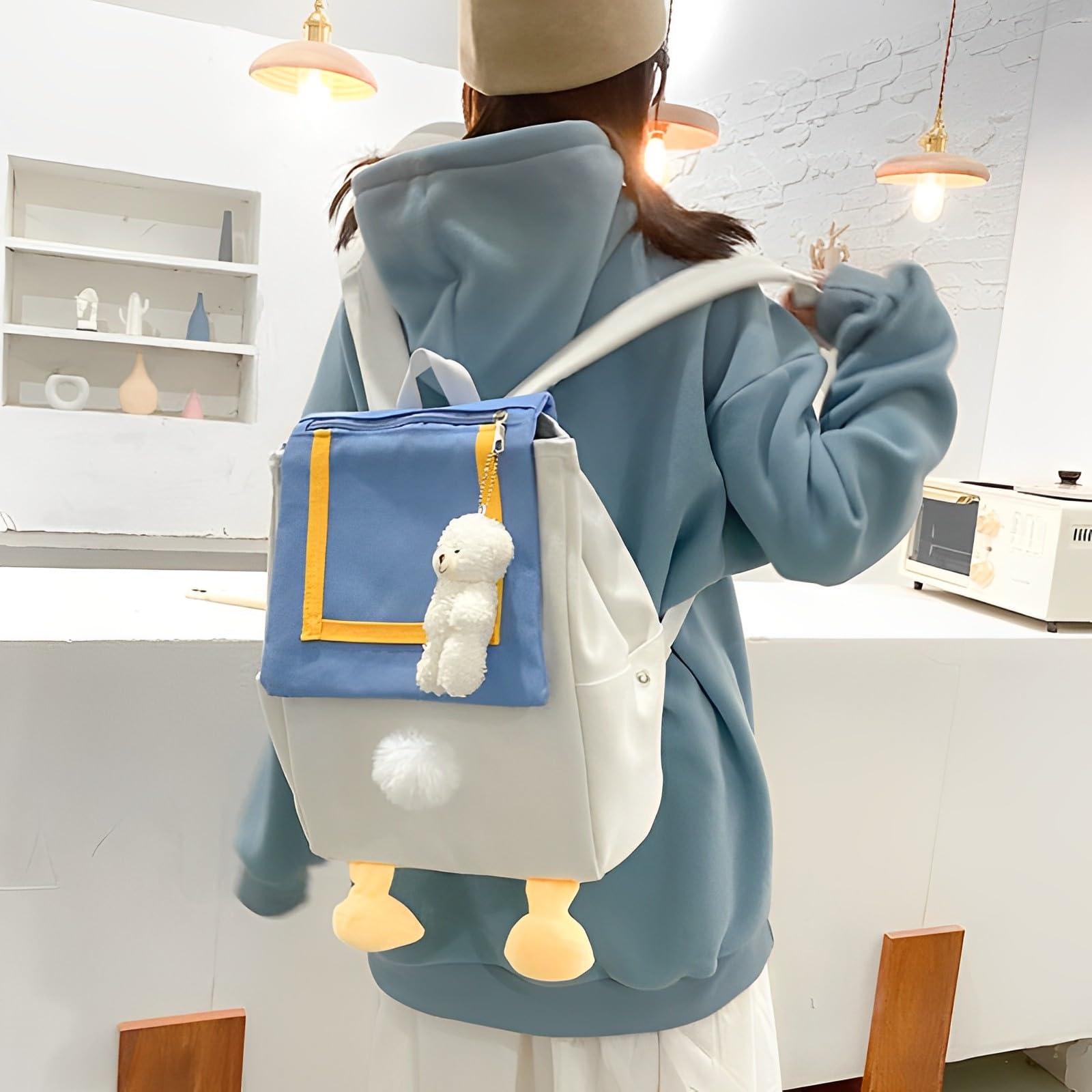 ooibnn Kawaii Backpack With Cute Accessory WithAnti-thief Pocket Pins Blue And Yellow Cute Duck Lightweight Laptop Bag