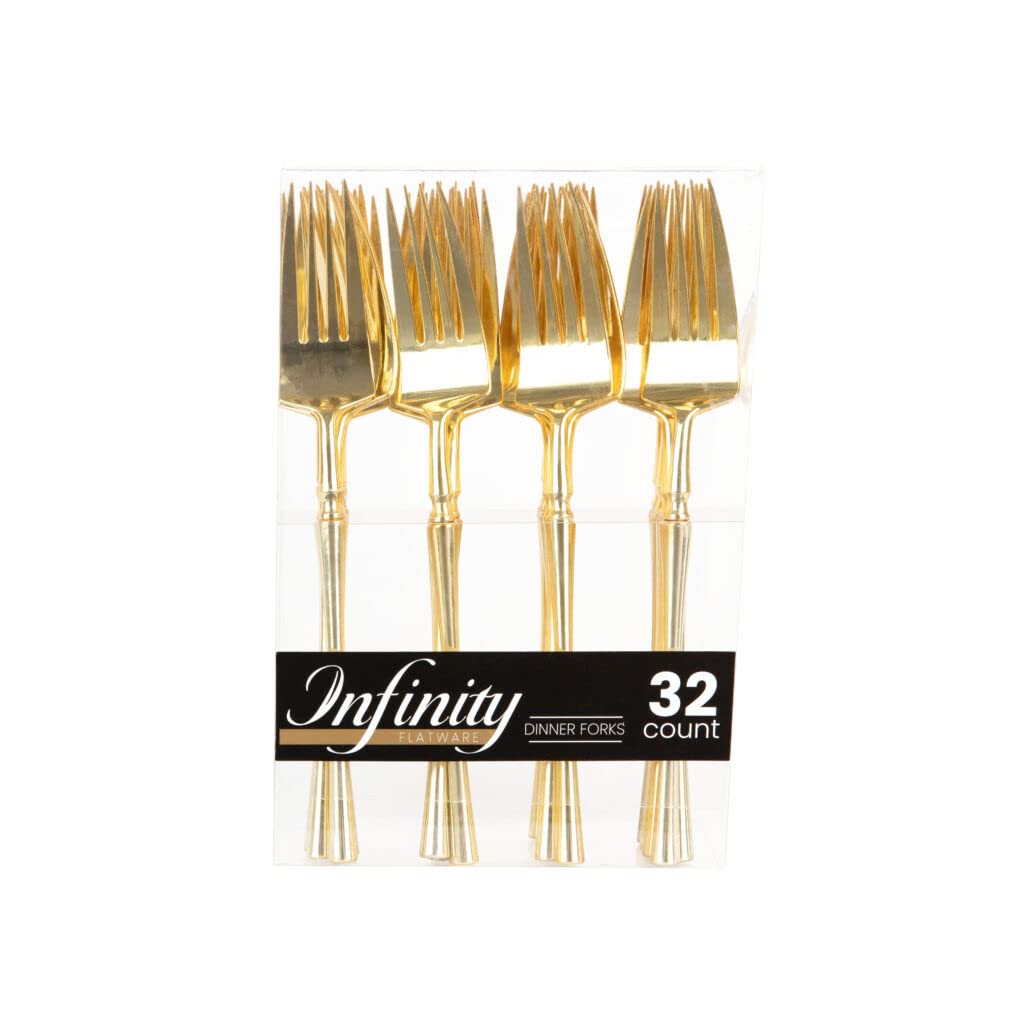 Blue Sky Infinity Flatware Gold Disposable Dinner Forks - 32 Count | Luxurious Premium Plastic Cutlery for Elegant Events & Gatherings