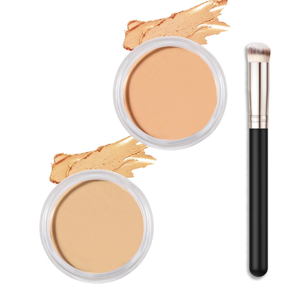 Kaely 2Pcs Cream Pot Concealer Full Coverage Set,Conceal Brighten Dark Circles,under Eye Color Correcting Concealer,Waterproof Foundation Palette with Brush,corrector de ojeras,Vegan Makeup,03+04