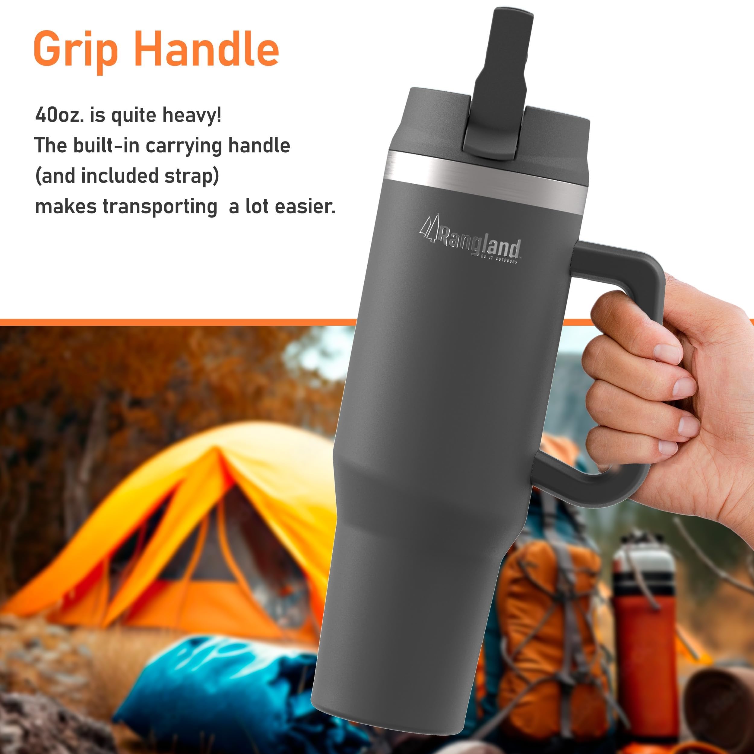 RANGLAND Leakproof 40 oz Tumbler with Handle and Protective Carrying Sleeve - Insulated Water Bottle Cup with Spill proof Straw Lid and Hand Strap (40 Ounce) Charcoal Gray