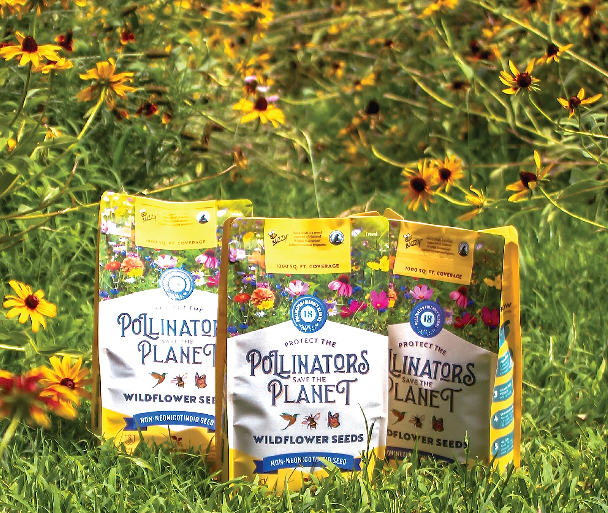 BUZZY Wildflower Pollinator Seed Mix (1lb Bag), 18 Pollinator-Friendly Varieties, Protect The Pollinators & Save The Planet, Coneflower, Sunflower, Calendula, Cosmos, & More, Growth Guaranteed