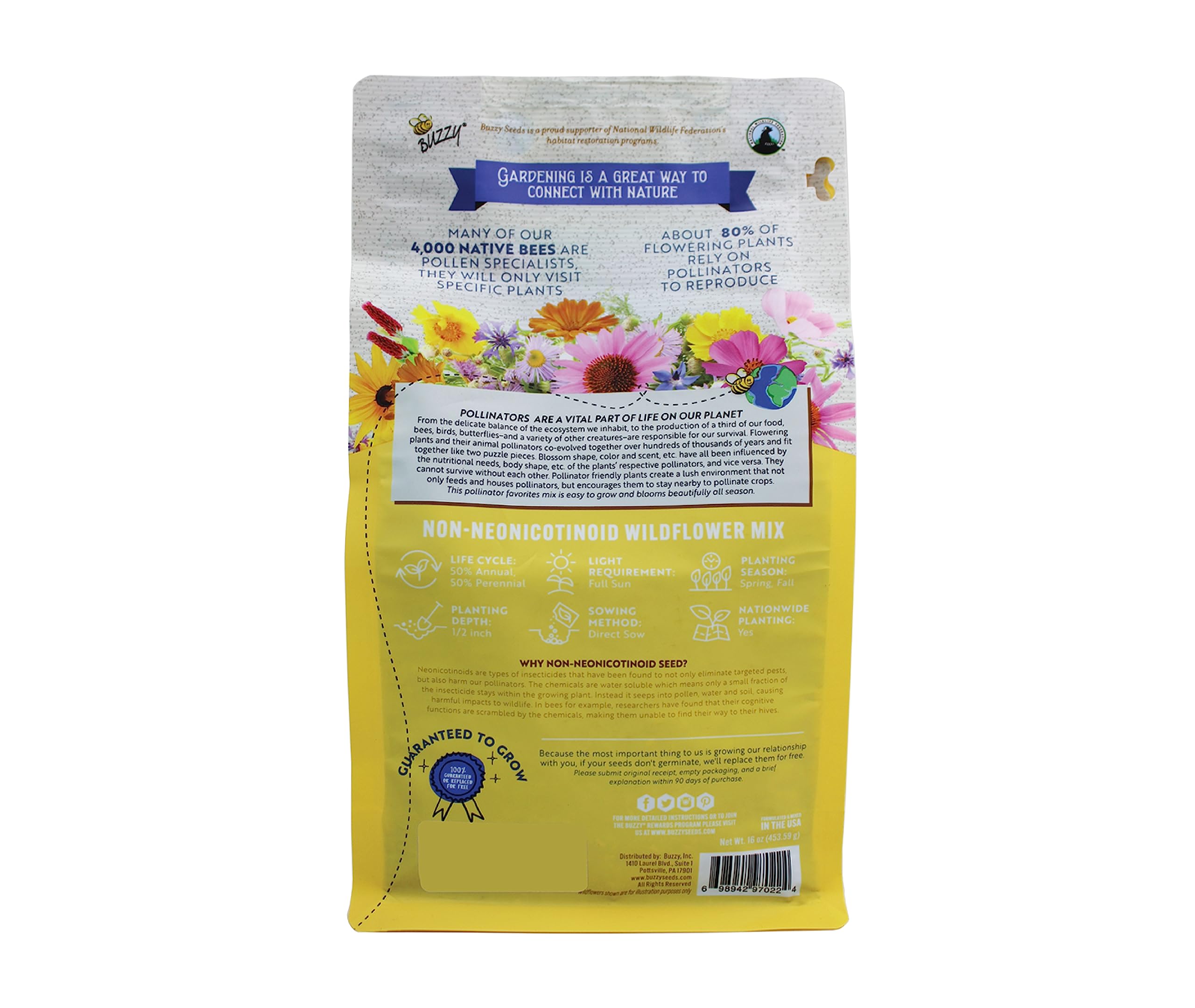 BUZZY Wildflower Pollinator Seed Mix (1lb Bag), 18 Pollinator-Friendly Varieties, Protect The Pollinators & Save The Planet, Coneflower, Sunflower, Calendula, Cosmos, & More, Growth Guaranteed