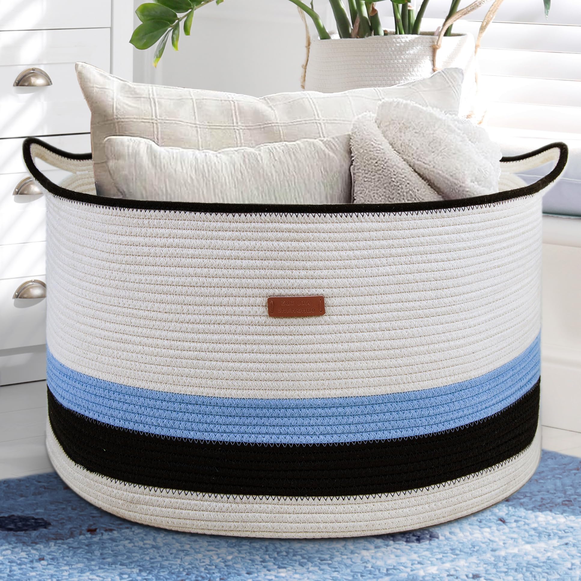 Laundry Basket,Blanket Basket for Living Room 22" x 22" x 14" Extra Large Canvas Storage Bin and Large Toy Basket for Kids,Toy Storage Basket with Handle,Woven Cotton Rope Basket for Organizing