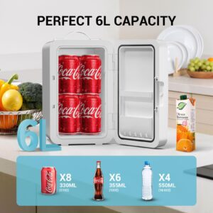 Suavo 6L/8 Cans Mini Fridge for Bedroom, 110V AC/12V DC Portable Thermoelectric Cooler and Warmer Compact Refrigerators for Skincare Beverages Medications, Small Fridge for Home, Office, Dorm, and Car