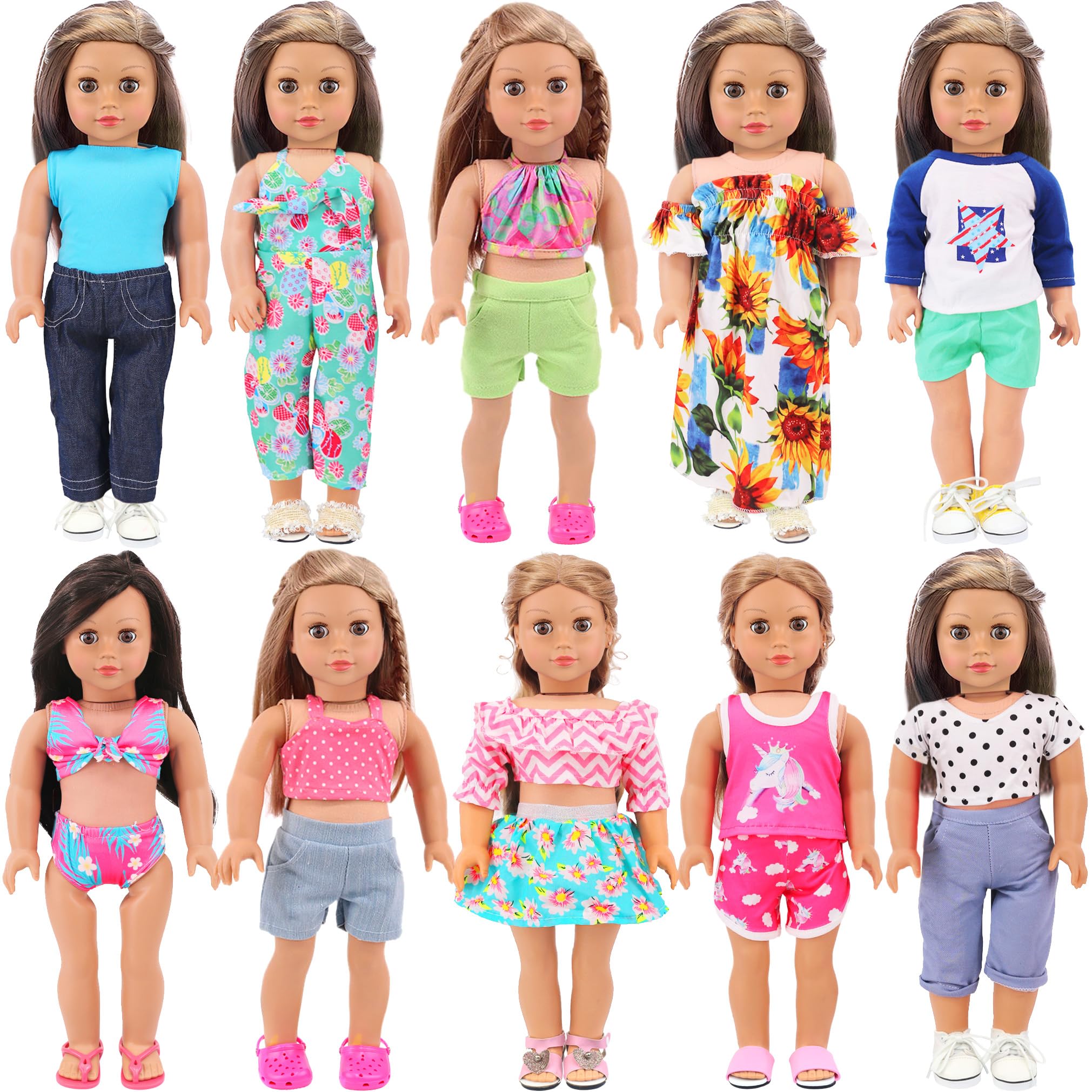 Ecore Fun 10 Sets 18 Inch Doll Clothes - 18 pcs Doll Clothing Doll Outfits Dress Swimsuits Jumpsuit Tights for 18 Inch Dolls Christmas Birthday Gift