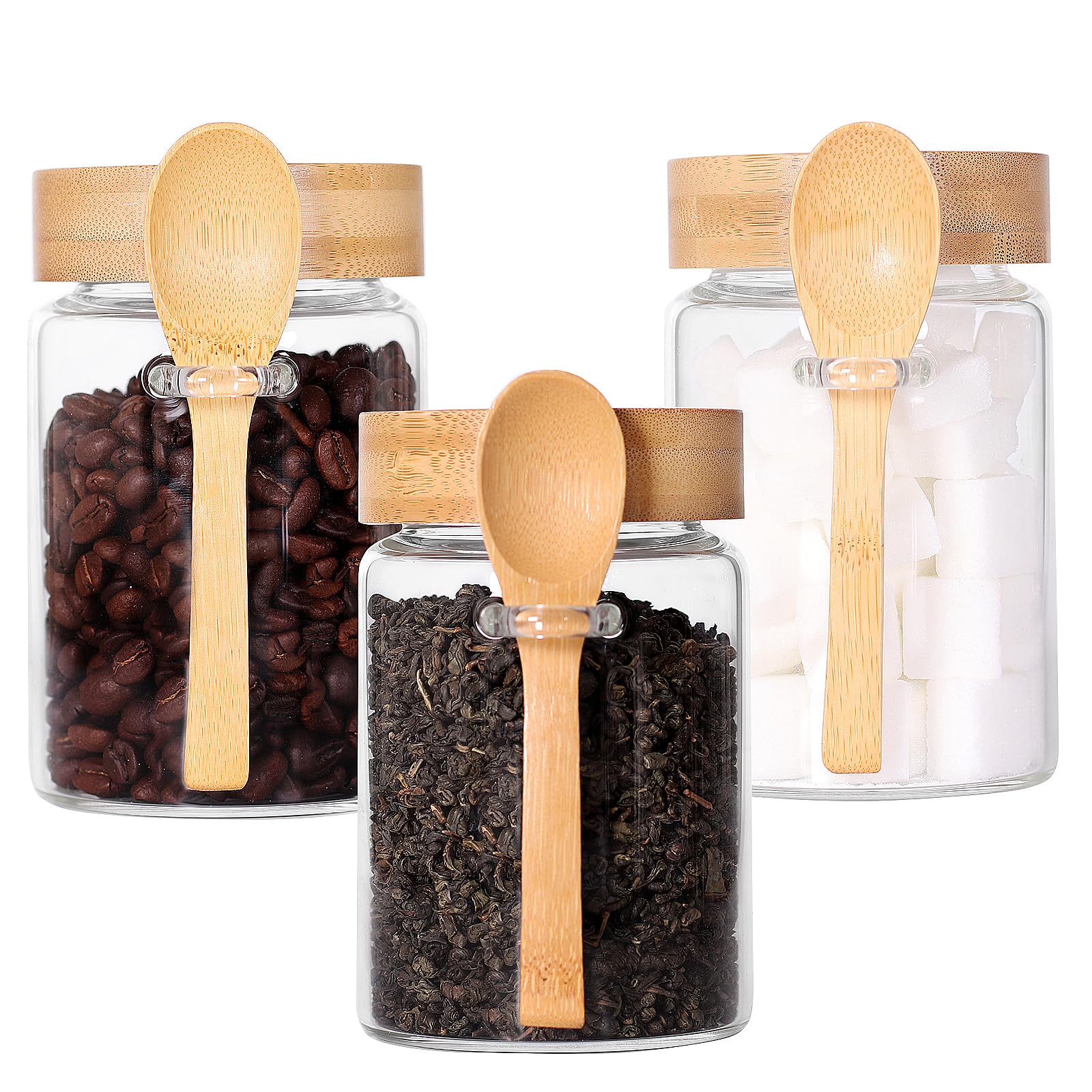 Glass Jar with Screw Lid and Spoon Set of 3, 16 OZ Tea Containers for Loose Leaf Tea, Salt and Sugar Containers for Countertop, Yogurt Jars for Overnight Oatmeal