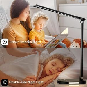 EMOBACO Desk Lamps for Home Office, Eye-Care LED Desk Lamp with USB Charging Port, Touch Control Table Lamp with Night Light Mode, 60 min Timer Desktop Lamp for College Dorm Room Bedroom