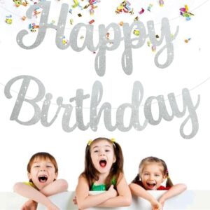 BEISHIDA Silver Happy Birthday Banner - NO DIY,10Feet,Pre-Strung-Glitter Happy Birthday Sign, Happy Birthday Garland,Happy Birthday Backdrop,Happy Birthday Decorations for Women