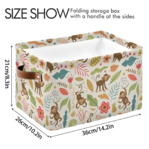 Kigai Collapsible Storage Basket with Handles, Cute Monkeys Canvas Fabric Storage Bins Toys Clothes Organizer for Bedroom, Nursery, Shelves, Closets (1PACK)