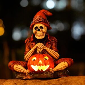 tooyuart halloween decorations skull skeleton garden statue with solar pumpkin lantern - halloween decorations for outdoor, holiday, parties, indoors, yards, gardens, lawns (pumpkin ghost)
