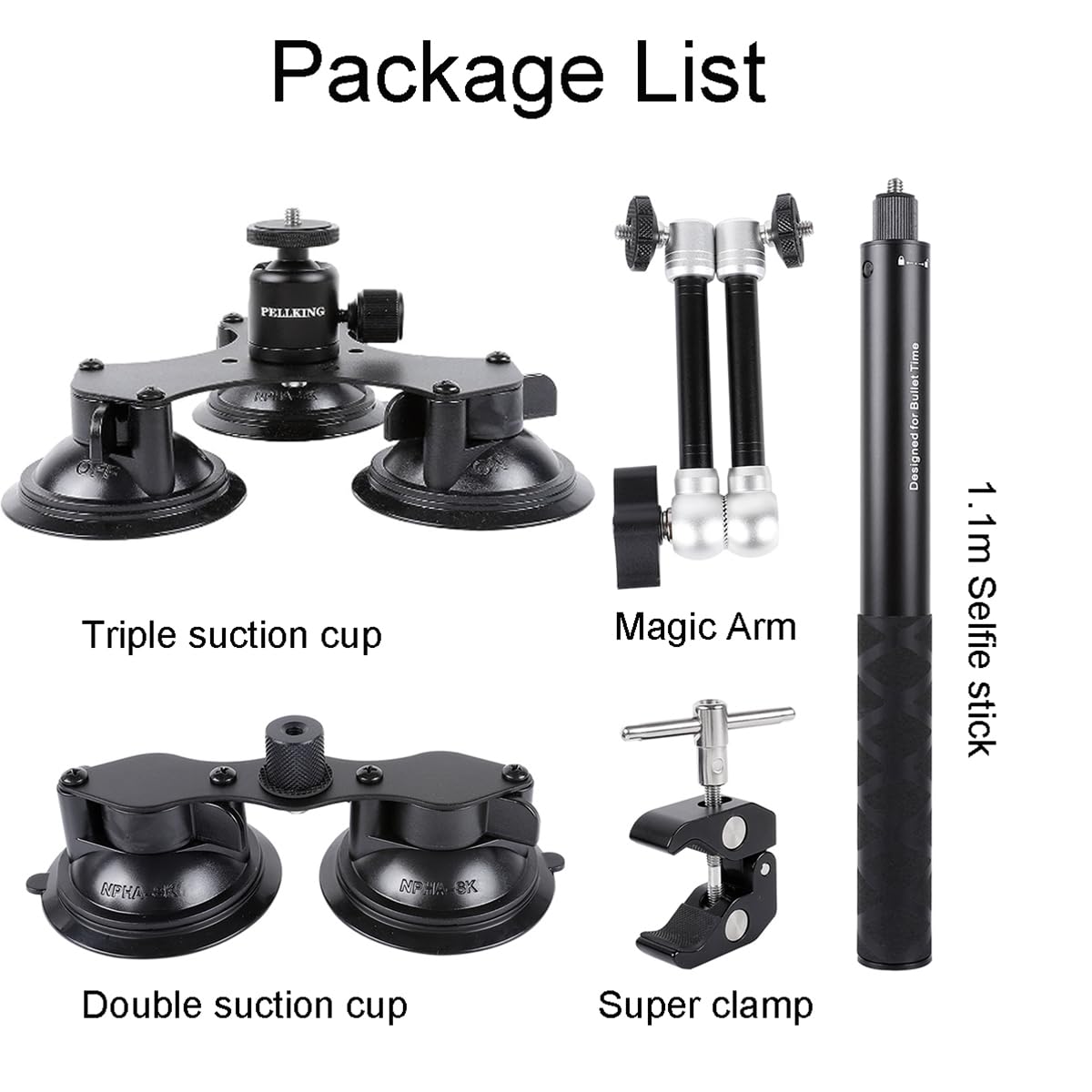 PellKing Suction Car Mount Kit for Insta360 X3, X2,GO 3, 4 in1 Suction Cups with 114cm Selfie Stick Camera Triple Suction Mount Kit for Action Cameras,Compatible with GoPro 11,10,9,8,7(with Stick)