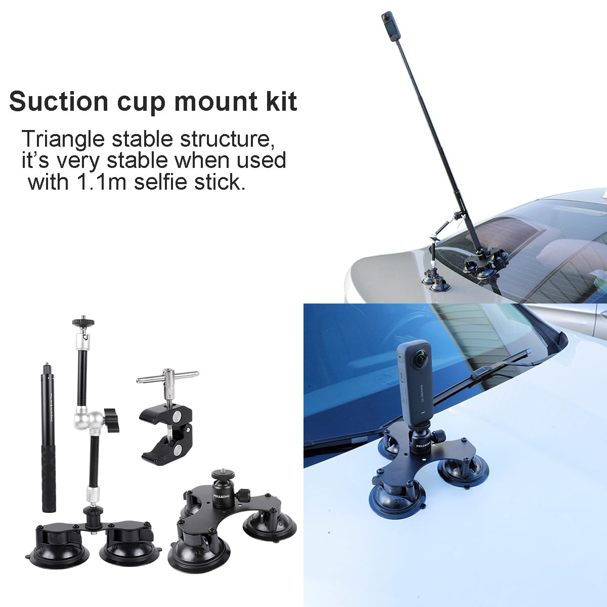 PellKing Suction Car Mount Kit for Insta360 X3, X2,GO 3, 4 in1 Suction Cups with 114cm Selfie Stick Camera Triple Suction Mount Kit for Action Cameras,Compatible with GoPro 11,10,9,8,7(with Stick)