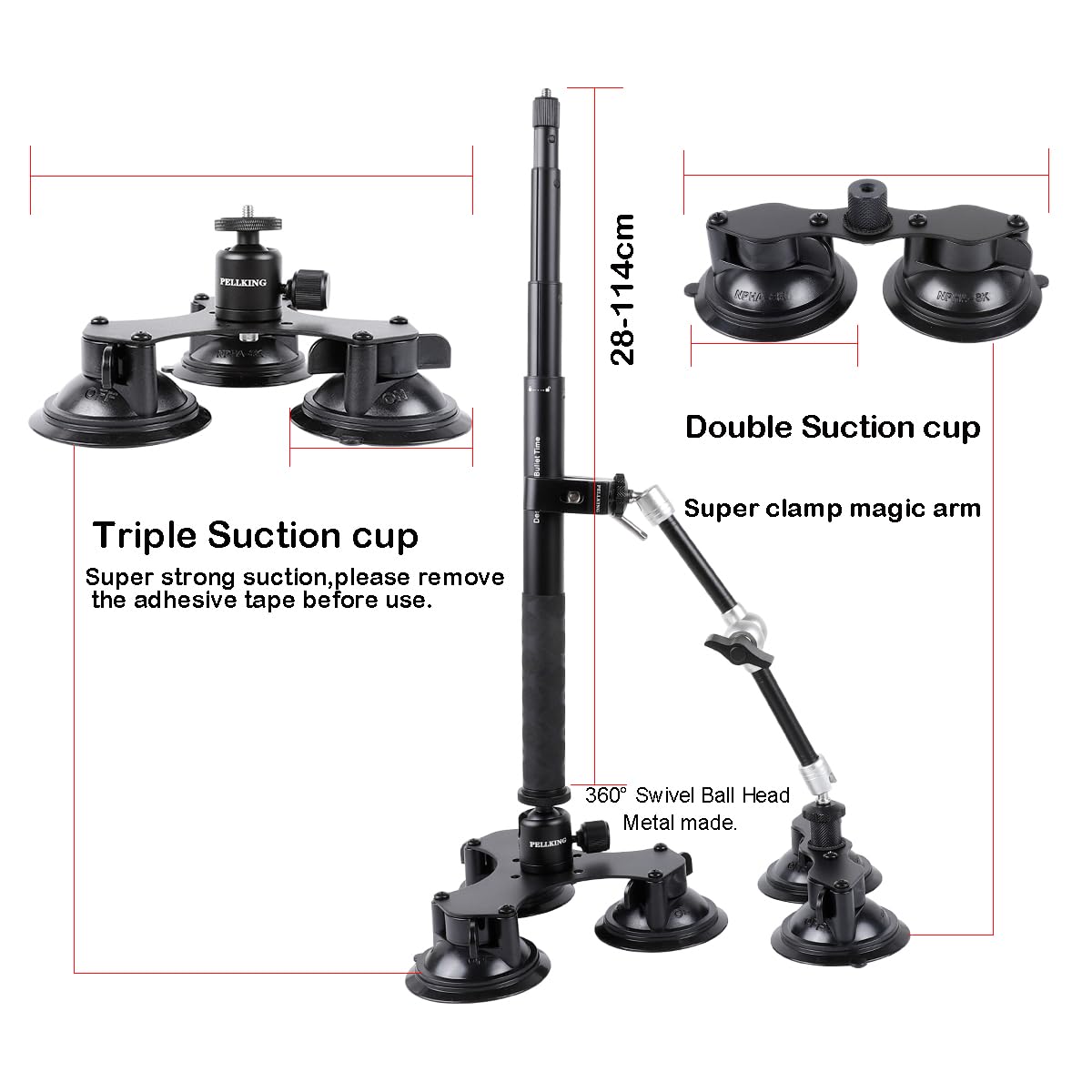 PellKing Suction Car Mount Kit for Insta360 X3, X2,GO 3, 4 in1 Suction Cups with 114cm Selfie Stick Camera Triple Suction Mount Kit for Action Cameras,Compatible with GoPro 11,10,9,8,7(with Stick)