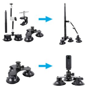 PellKing Suction Car Mount Kit for Insta360 X3, X2,GO 3, 4 in1 Suction Cups with 114cm Selfie Stick Camera Triple Suction Mount Kit for Action Cameras,Compatible with GoPro 11,10,9,8,7(with Stick)