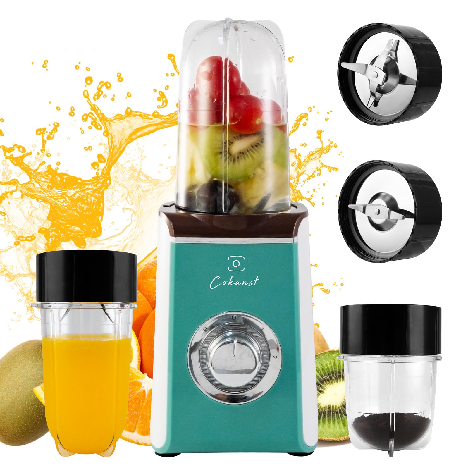 COKUNST Blenders for Shakes and Smoothies, 4 Blades Personal Blenders for Kitchen, Smoothie Blender and Grinder with 2 Blades, 10Oz & 17Oz Blender Cups, Countertop Blender for Fruits Protein Drinks