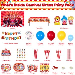 HJINGY Carnival Theme Party Decorations, Circus Theme Party Decorations with Carnival Balloons, Carnival Backdrop, Tablecloth, Happy Birthday Banners, Cake Toppers, Paper Plates and Napkins Set