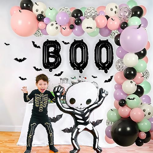 Halloween Baby Showers Decorations, 18" 10" 5" Pink Purple Black Balloons Halloween Balloon Arch Garland with Skull Balloons Bats Wall Stickers for Halloween Party Decorations