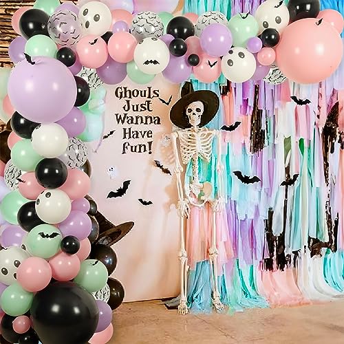 Halloween Baby Showers Decorations, 18" 10" 5" Pink Purple Black Balloons Halloween Balloon Arch Garland with Skull Balloons Bats Wall Stickers for Halloween Party Decorations