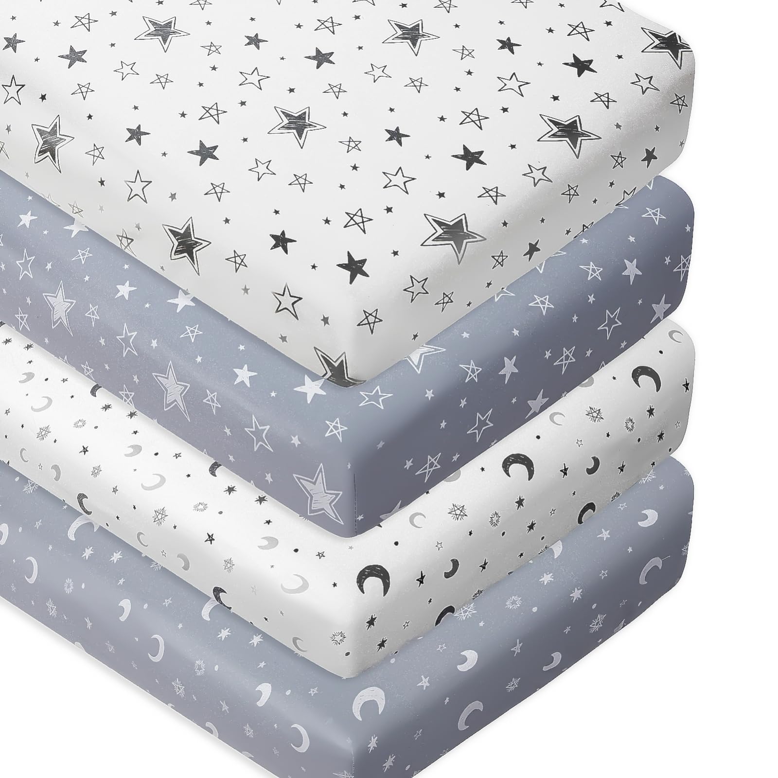 4 Pack Star and Moon Neutral Unisex Fitted Baby Sheets Set for Baby Boys or Girls (Crib Sheets)