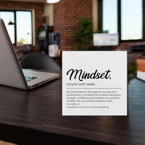 Inspirational Mindset Quote Desk Wooden Sign Decor Mindset Definition Square Wood Sign Desk Decoration Motivational Wood Block Box Sign for Shelf Home Office 5 x 5 Inches