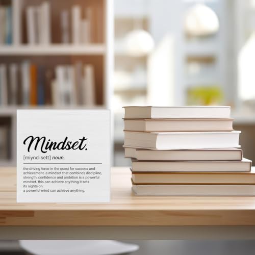 Inspirational Mindset Quote Desk Wooden Sign Decor Mindset Definition Square Wood Sign Desk Decoration Motivational Wood Block Box Sign for Shelf Home Office 5 x 5 Inches