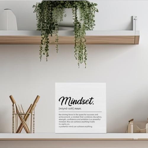 Inspirational Mindset Quote Desk Wooden Sign Decor Mindset Definition Square Wood Sign Desk Decoration Motivational Wood Block Box Sign for Shelf Home Office 5 x 5 Inches