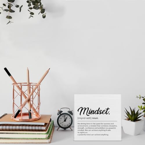 Inspirational Mindset Quote Desk Wooden Sign Decor Mindset Definition Square Wood Sign Desk Decoration Motivational Wood Block Box Sign for Shelf Home Office 5 x 5 Inches