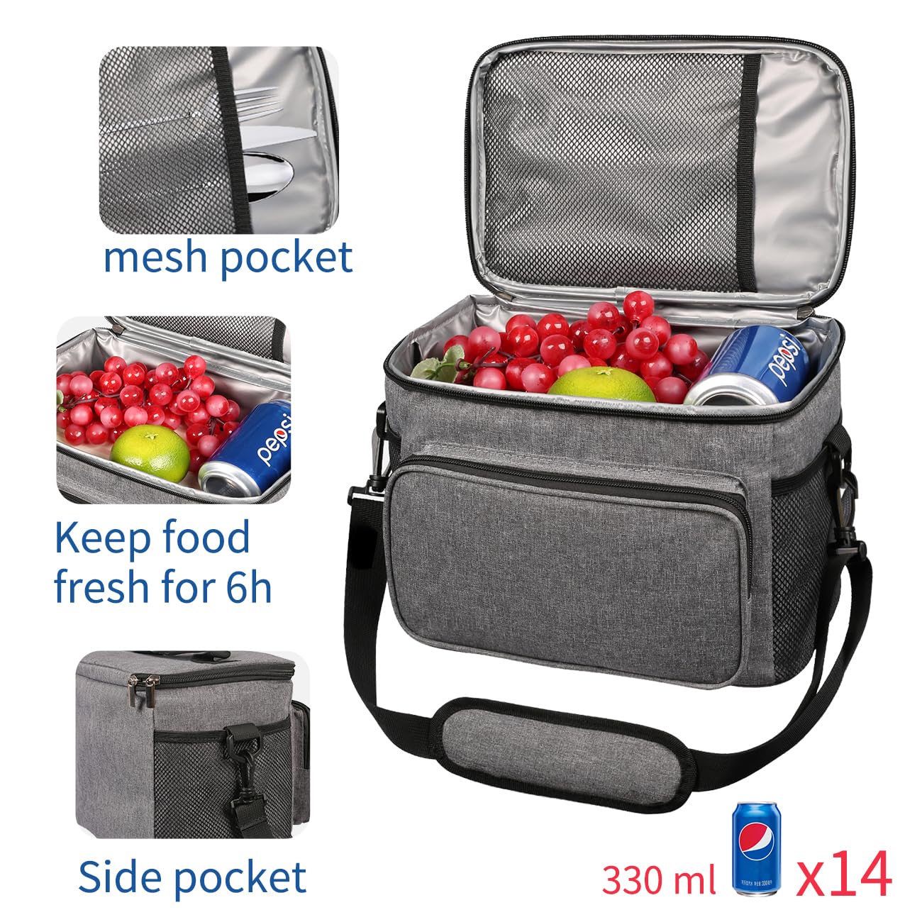 IKNOE Large Cooler Bag Collapsible 15 Can Insulated Bags, 10L Leakproof Lunch Cooler Tote with Multi-Pockets for Adult Insulated Lunch Box for Beach, Picnic, Work(Grey)