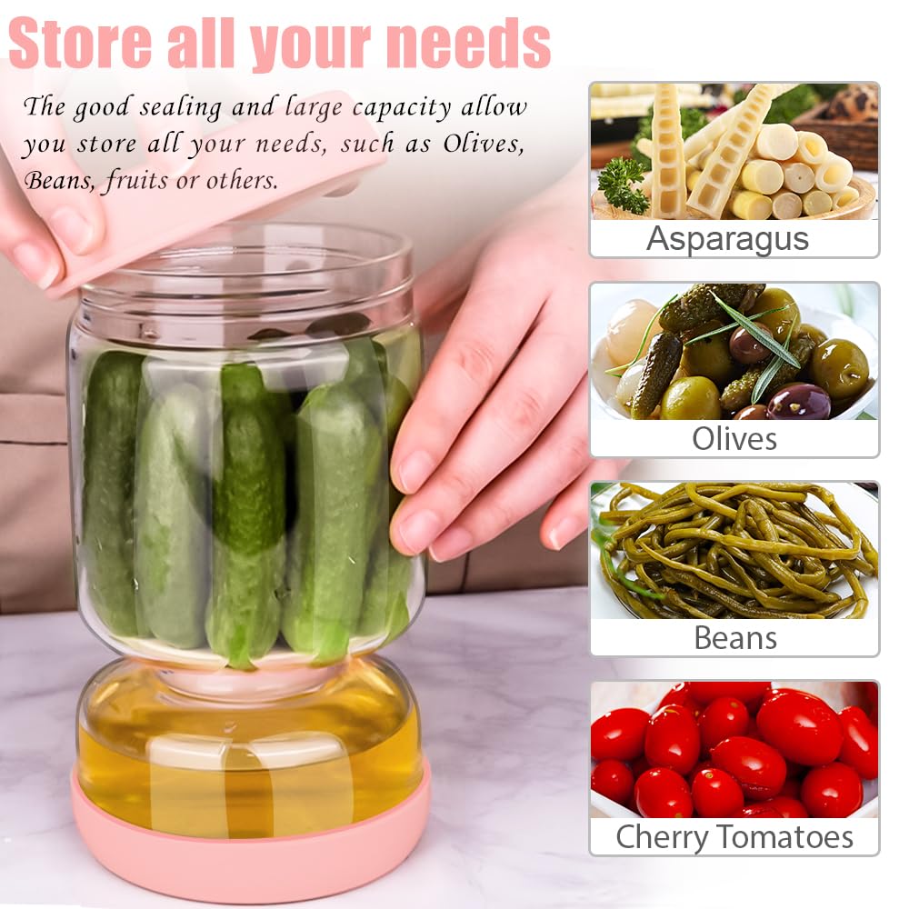 Homnoble Pickle and Olive Hourglass Jar with Strainer Flip for Pickle Juice Separator from Wet and Dry, Upgrade Food-grade ABS Lid and BPA Free Hourglass Pickle Jar for Airtight Food Storage, Pink