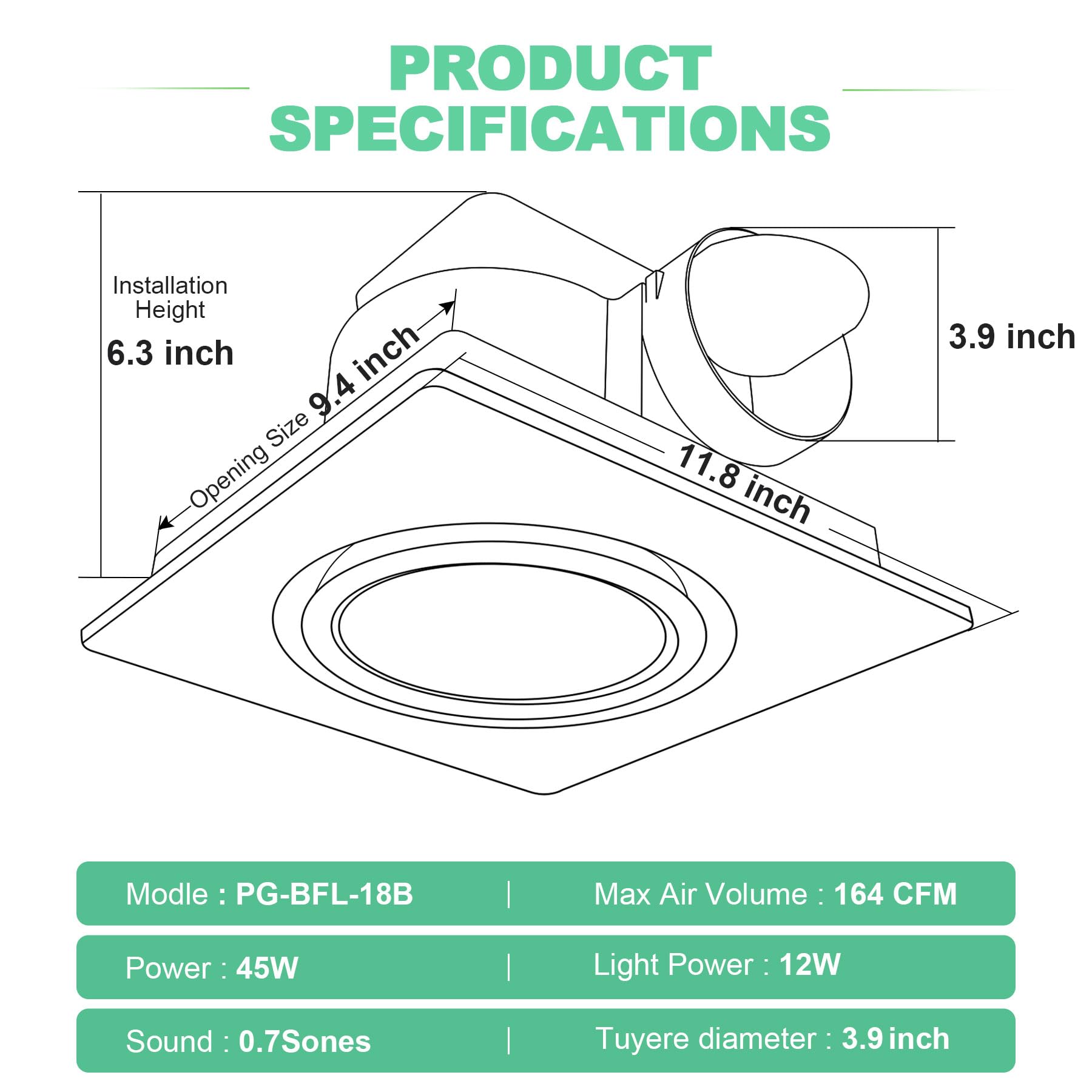 POWERENG Bathroom Exhaust Ventilation with Light,141 CFM 0.7Sones Quiet Ceiling Mount Ventilation Fan,4 Inches Duct,12W LED,White,110V Vent Fan Ceiling for Bathroom/Shower/Restroom/Home/Office