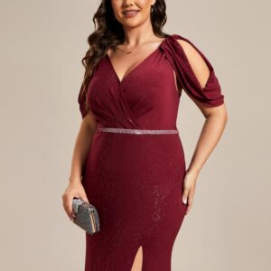 Ever-Pretty Women's Plus Size Sparkle Open Back V Neck High Slit Floor Length Formal Dresses Burgundy US16