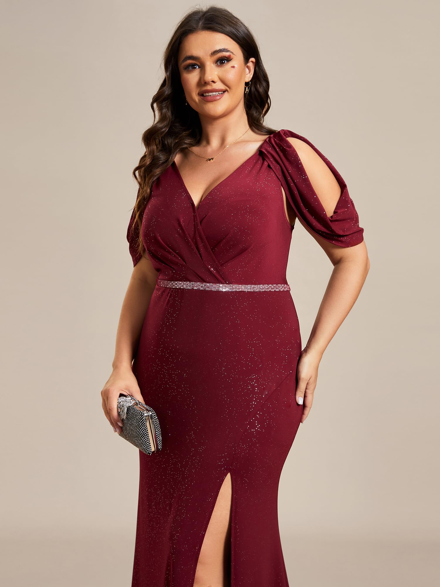 Ever-Pretty Women's Plus Size Sparkle Open Back V Neck High Slit Floor Length Formal Dresses Burgundy US16