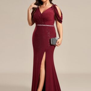 Ever-Pretty Women's Plus Size Sparkle Open Back V Neck High Slit Floor Length Formal Dresses Burgundy US16