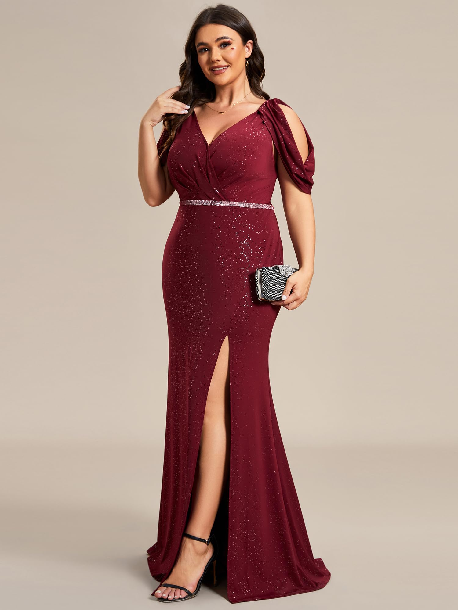 Ever-Pretty Women's Plus Size Sparkle Open Back V Neck High Slit Floor Length Formal Dresses Burgundy US16