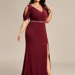 Ever-Pretty Women's Plus Size Sparkle Open Back V Neck High Slit Floor Length Formal Dresses Burgundy US16