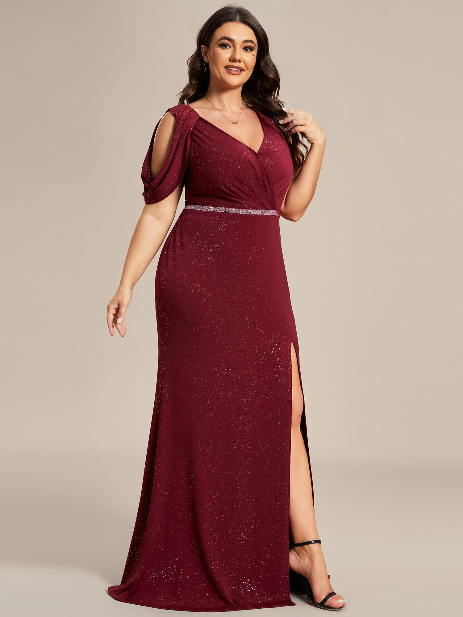 Ever-Pretty Women's Plus Size Sparkle Open Back V Neck High Slit Floor Length Formal Dresses Burgundy US16