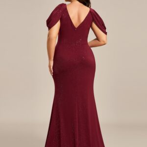 Ever-Pretty Women's Plus Size Sparkle Open Back V Neck High Slit Floor Length Formal Dresses Burgundy US16