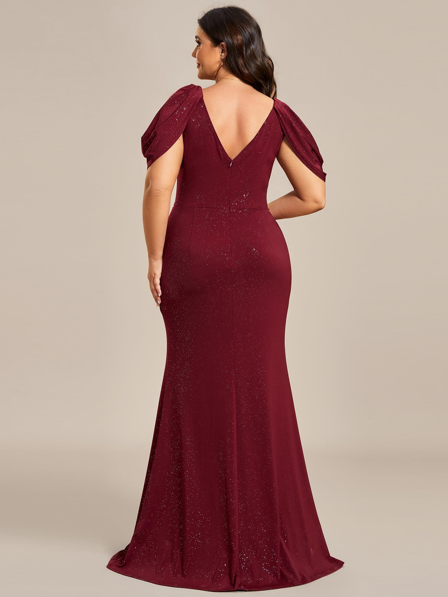 Ever-Pretty Women's Plus Size Sparkle Open Back V Neck High Slit Floor Length Formal Dresses Burgundy US16