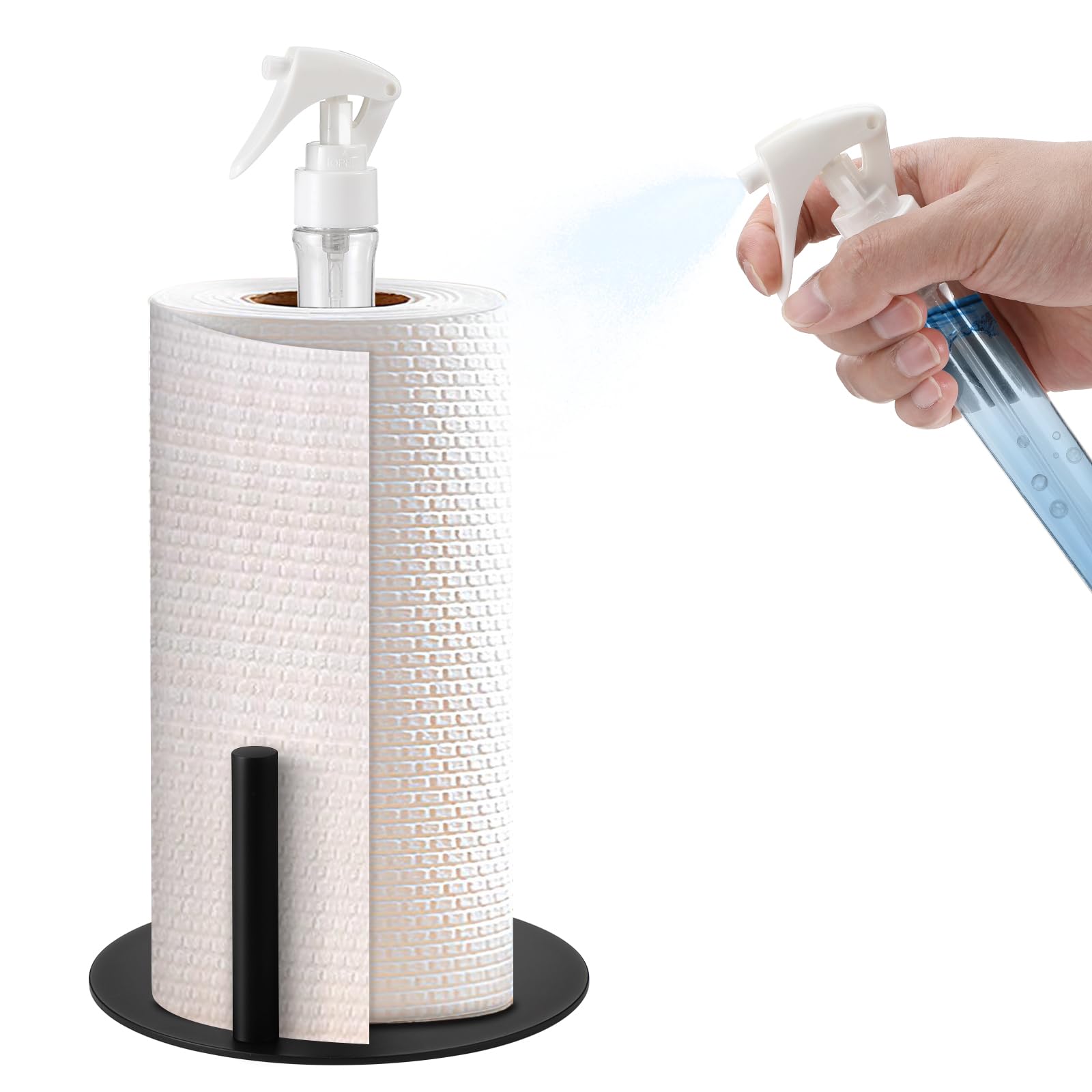 Ceuku Paper Towel Holder Countertop with Spray Bottle Paper Towel Stand with Weighted Base for Kitchen Bathroom, One-Handed Tear Stainless Steel Paper Towel Holder