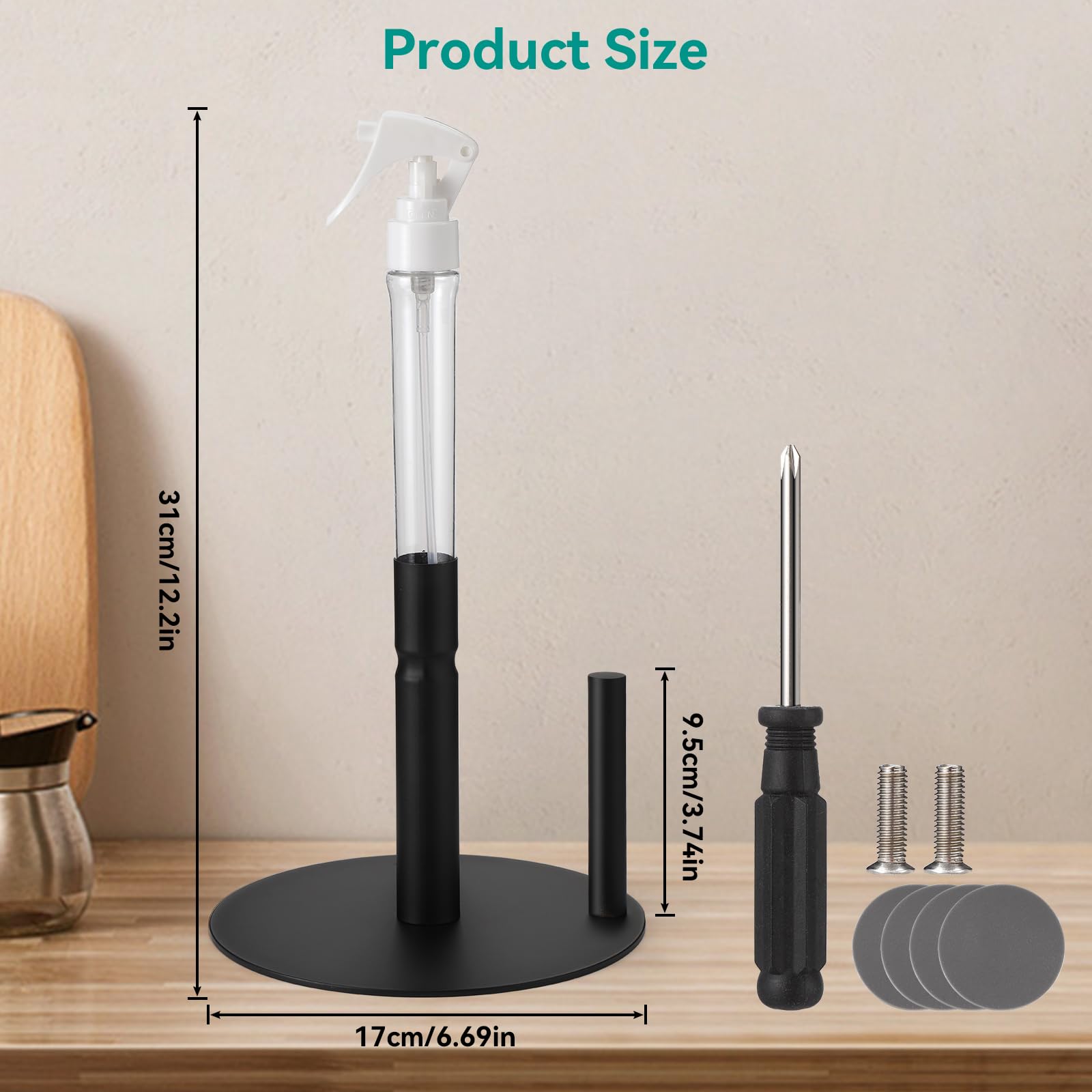 Ceuku Paper Towel Holder Countertop with Spray Bottle Paper Towel Stand with Weighted Base for Kitchen Bathroom, One-Handed Tear Stainless Steel Paper Towel Holder