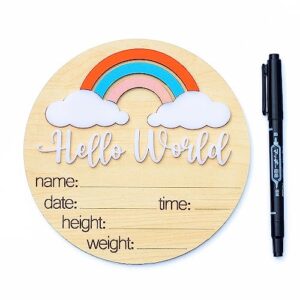 honocools wooden baby announcement sign, hello world rainbow, 1 piece, 3 customizable elements, 3d dimensional, easy to display, great gift for new parents