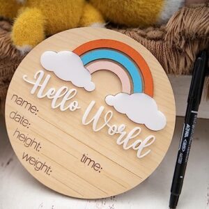 HONOCOOLS Wooden Baby Announcement Sign, Hello World Rainbow, 1 Piece, 3 Customizable Elements, 3D Dimensional, Easy to Display, Great Gift for New Parents