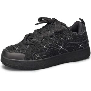 LUCKY STEP Women's Sparkle Rhinestone Fashion Sneakers Walking Tennis Bling Glitter Roaring Shoes Platform Lace up Casual Mesh Sneaker(Black Rhinestone,8.5)