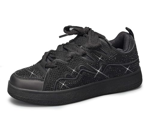 LUCKY STEP Women's Sparkle Rhinestone Fashion Sneakers Walking Tennis Bling Glitter Roaring Shoes Platform Lace up Casual Mesh Sneaker(Black Rhinestone,8.5)