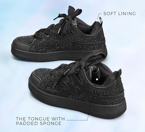 LUCKY STEP Women's Sparkle Rhinestone Fashion Sneakers Walking Tennis Bling Glitter Roaring Shoes Platform Lace up Casual Mesh Sneaker(Black Rhinestone,8.5)