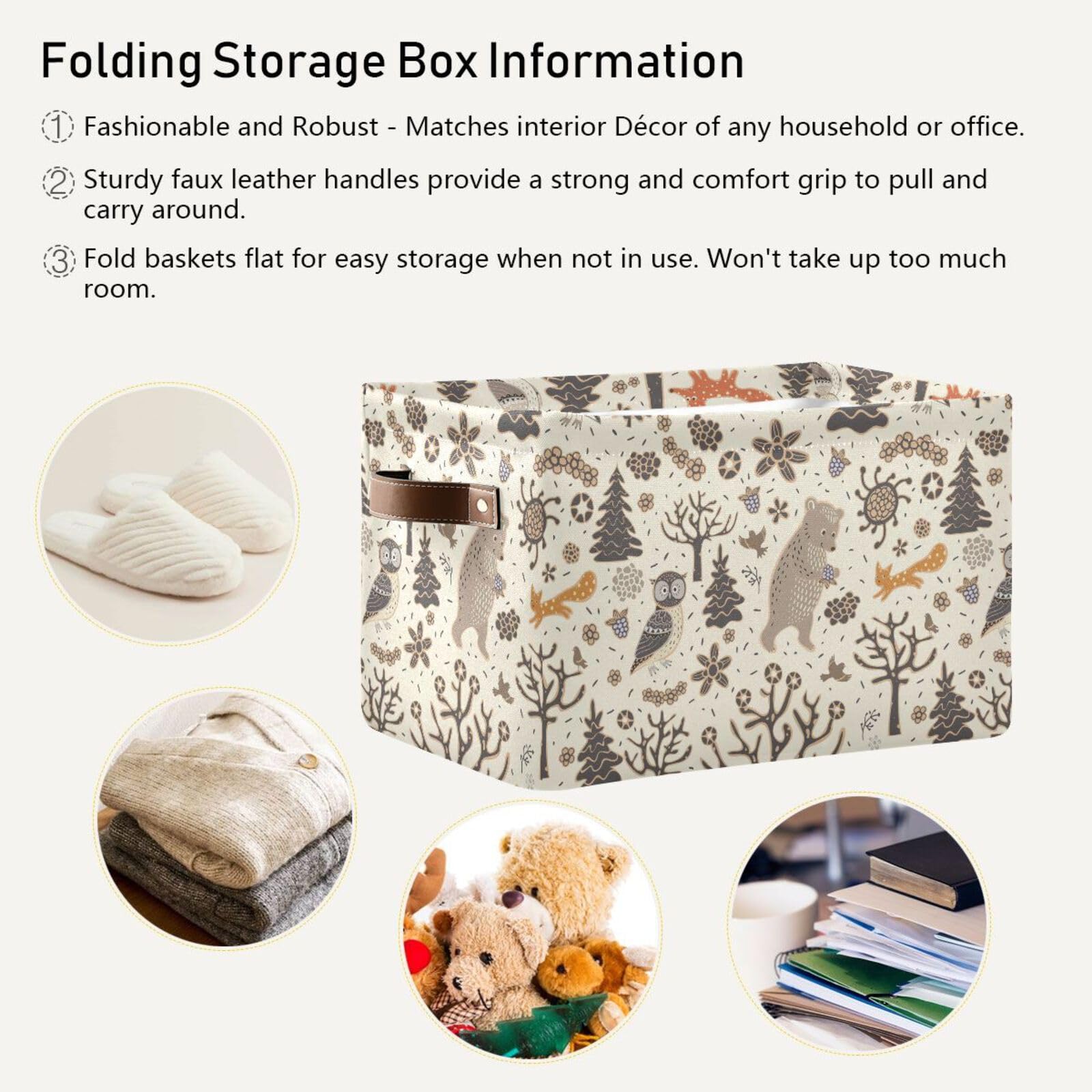 Forest Owls Bear Fox Squirrel Birds Storage Containers Foldable Large Storage Basket Storage Bins for Office Shelves Home, 1 Pack