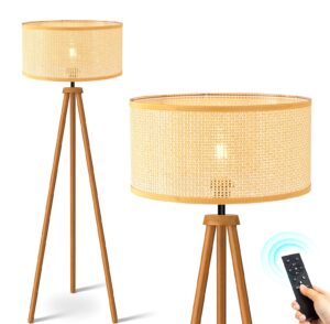qiyizm tripod floor lamp for living room bedroom rattan standing lamp with remote 3 color dimmable boho wood floor light bamboo wicker lamp shade farmhouse rustic mid century tall floor lamps bohemian