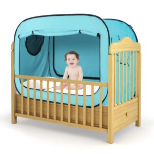 poray pop up baby bed tent privacy tent for toddler sleeping with 2 zipper doors,breathable mesh windows and portable carry bag (blue)